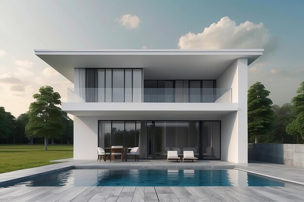 Foto ilustración 3d arquitectura estilo moderno casa de dos pisos de color blanco