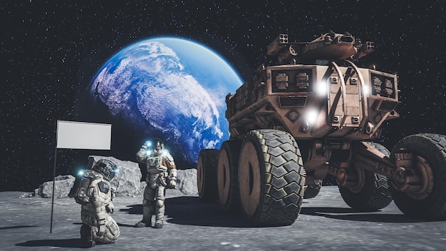 Ilustración en 3D Un astronauta está explorando la superficie de la Luna con una sonda
