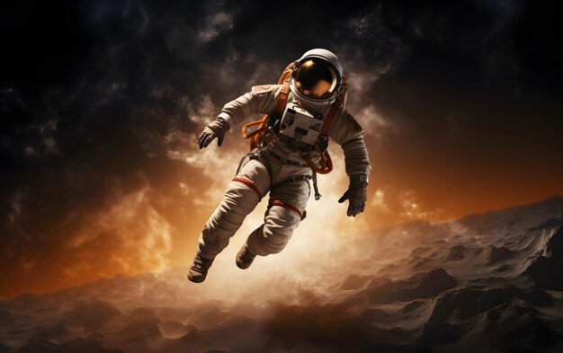 Foto ilustración 3d de un astronauta flotando por encima de la luna