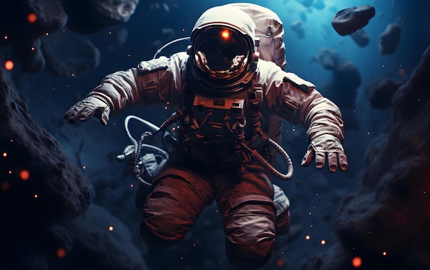 Ilustración 3D de un astronauta flotando por encima de la luna