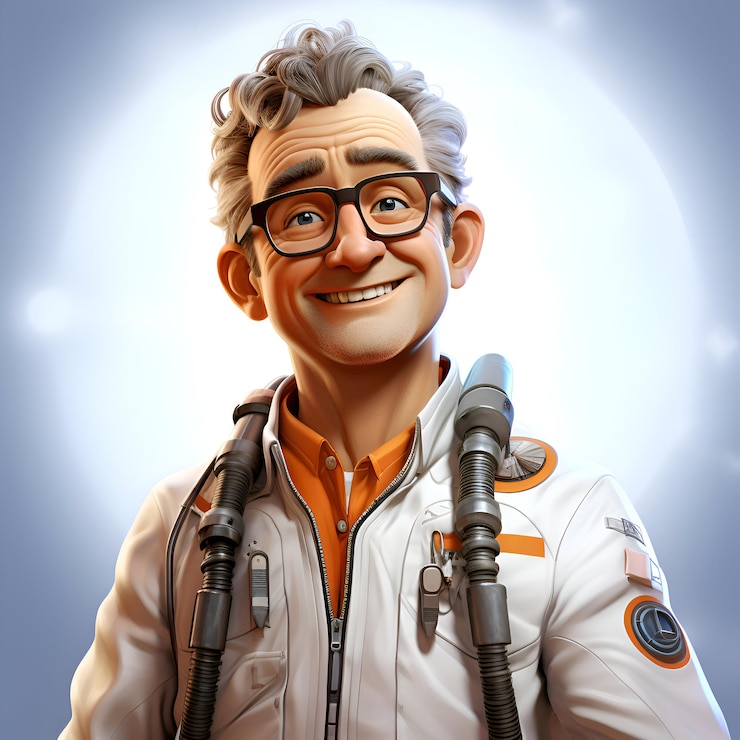 Foto ilustración 3d de un astronauta sonriente con gafas y un traje blanco