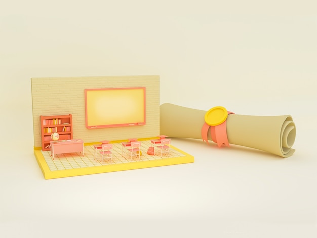 Ilustración 3D. Aula de la escuela vacía con un diploma