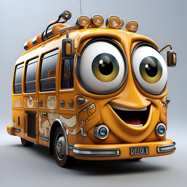 Ilustración 3D de autobús de dibujos animados con cara en fondo gris