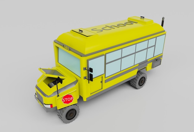 Ilustración 3d autobús escolar amarillo sobre fondo blanco.