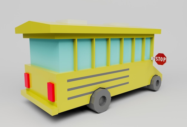 Ilustración 3d autobús escolar amarillo sobre fondo blanco.