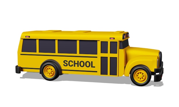 Ilustración 3D de un autobús escolar amarillo sobre un fondo de color blanco Diseño 3D para impresión web de carteles de pancartas