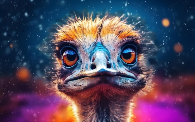 Una ilustración 3d de un avestruz con un fondo colorido.