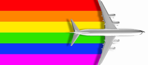 Foto ilustración 3d de un avión comercial que vuela sobre la bandera del arco iris lgbt