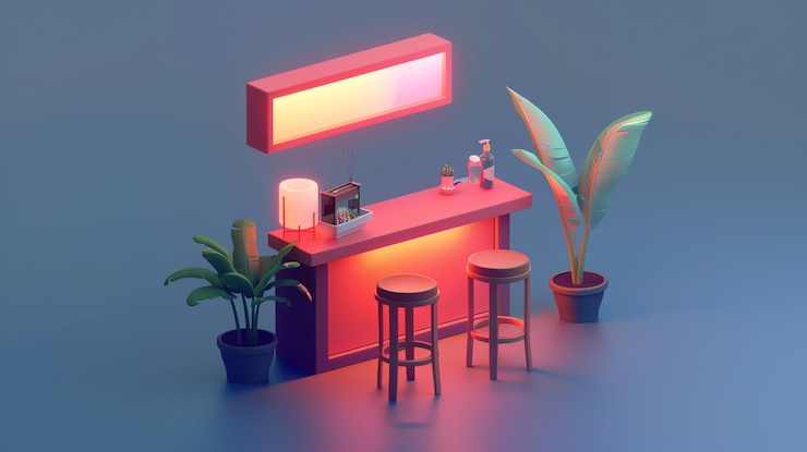 Foto ilustración 3d baja de un mostrador de bar con taburetes, plantas y lámparas