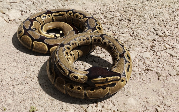 Foto ilustración 3d de ball python regius aislado en el suelo