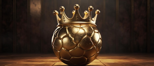 Ilustración 3D de un balón de fútbol dorado con un trofeo de corona