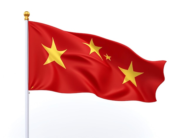 Ilustración en 3D de la bandera de China La bandera de China ondeando aislada sobre un fondo blanco con un marco de bandera de ruta de recorte con espacio vacío para su texto