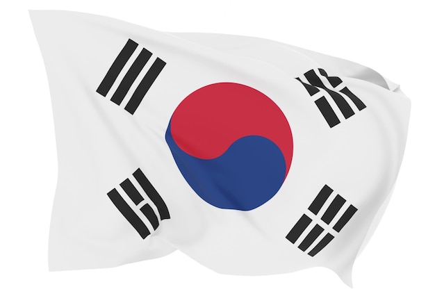 Ilustración 3d de la bandera de corea del sur en tela ondulada aislada en blanco