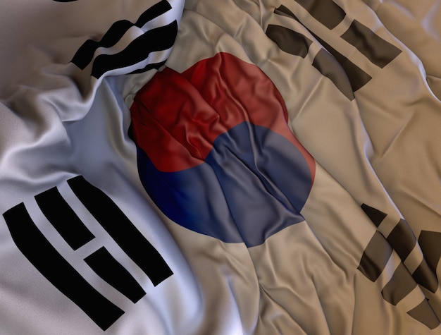 Ilustración en 3D de la bandera de Corea del Sur en una tela ondulada en un entorno sombrío