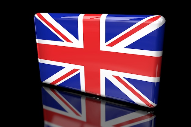 Ilustración 3D de una bandera cuadrada del Reino Unido sobre un fondo oscuro.