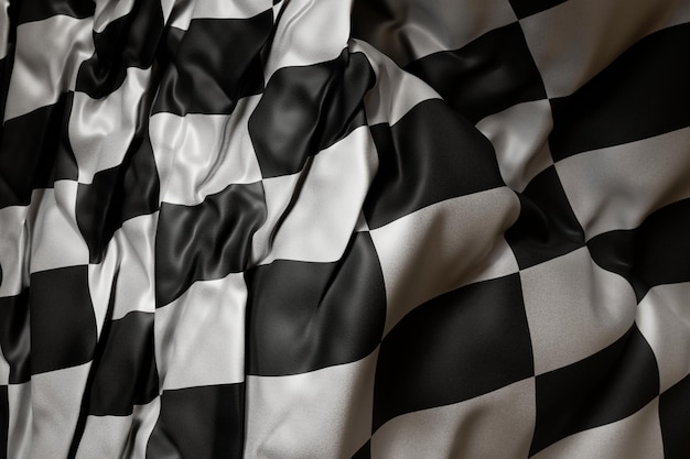 Ilustración 3D de una bandera a cuadros en blanco y negro en una tela ondulada en un entorno sombrío con desenfoque