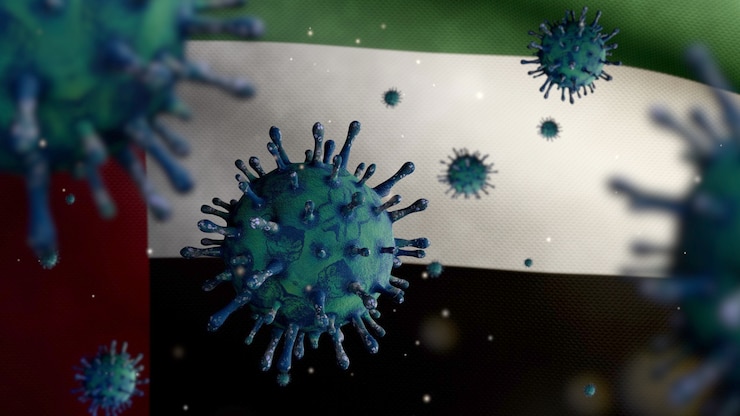 Foto ilustración 3d bandera de los emiratos árabes unidos ondeando con el brote de coronavirus que infecta el sistema respiratorio como gripe peligrosa. virus covid 19 de influenza tipo con pancarta nacional de los emiratos árabes unidos en el fondo