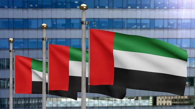 Foto ilustración 3d bandera de los emiratos árabes unidos ondeando en una ciudad moderna de rascacielos. hermosa torre alta con bandera de los emiratos árabes unidos de seda suave y lisa. fondo de la bandera de la textura de la tela del paño. concepto de día nacional