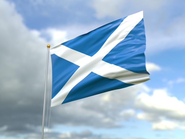 Foto ilustración 3d de la bandera de escocia en el fondo del cielo