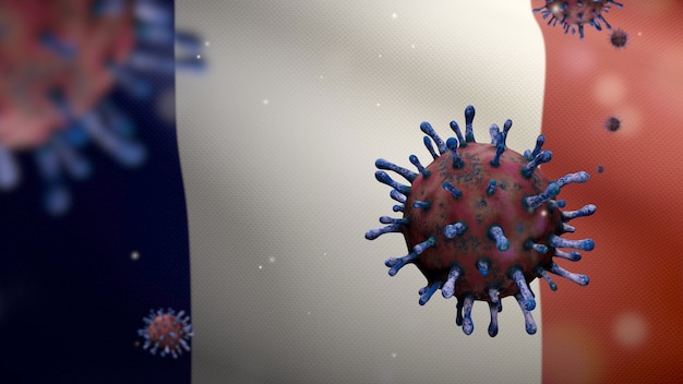 Ilustración 3D bandera francesa ondeando con brote de coronavirus que infecta el sistema respiratorio como gripe peligrosa. Virus Covid 19 de influenza tipo con fondo de soplado de banner nacional de Francia. Riesgo de pandemia