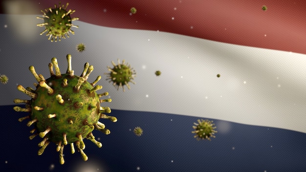 Ilustración 3D bandera holandesa ondeando con brote de coronavirus que infecta el sistema respiratorio como gripe peligrosa. Virus Covid 19 de influenza tipo con fondo de soplado de pancartas nacionales de los Países Bajos. Pandemia