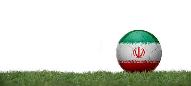 Ilustración 3D de la bandera de Irán en un balón de fútbol en el espacio de copia de hierba con fondo blanco