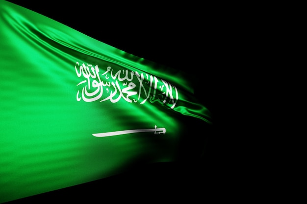 Ilustración 3D de la bandera nacional de Arabia Saudita en un asta de bandera de metal ondeando