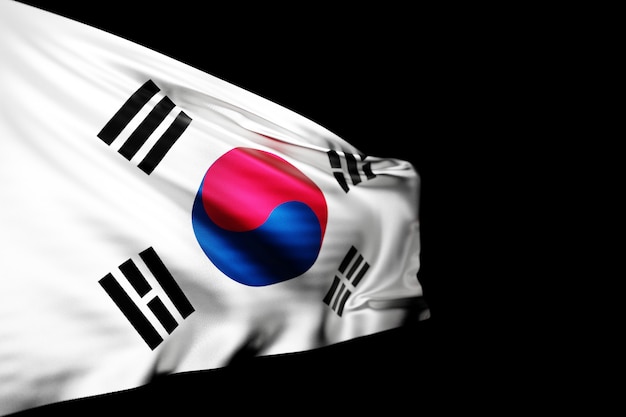 Ilustración 3D de la bandera nacional de Corea del Sur en un asta de bandera de metal ondeando contra el fondo aislado blacl. Símbolo del país.