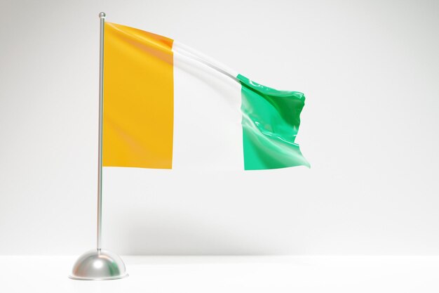 Ilustración 3D de la bandera nacional de Costa de Marfil en un asta de bandera de metal ondeando. Símbolo de país.