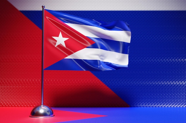 Ilustración 3D de la bandera nacional de Cuba en un asta de bandera de metal ondeando. Símbolo de país.