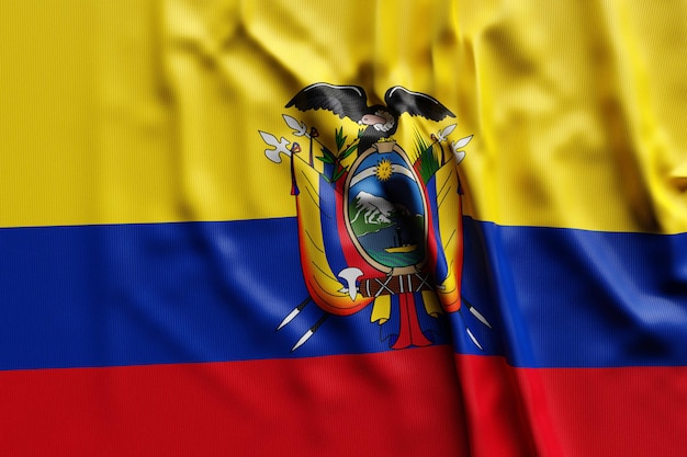 Ilustración 3D de la bandera nacional en desarrollo de Ecuador. Símbolo del país.