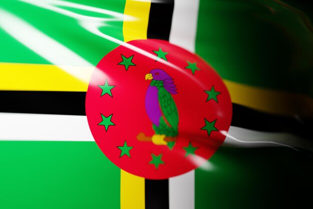 Ilustración 3D de la bandera nacional de Dominica. Símbolo del país.