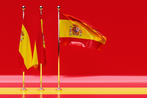 Foto ilustración 3d de la bandera nacional de españa en un asta de bandera de metal ondeando. símbolo del país.