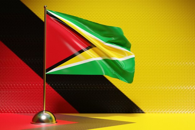 Ilustración 3D de la bandera nacional de Guyana en un asta de bandera de metal ondeando. Símbolo de país.