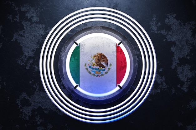 Ilustración 3D de la bandera nacional de México en un marco redondo de neón rosa y azul sobre un fondo negro