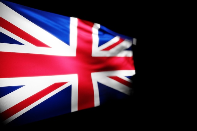 Ilustración 3D de la bandera nacional del Reino Unido en un asta de bandera de metal ondeando contra el fondo negro aislado. Símbolo del país.