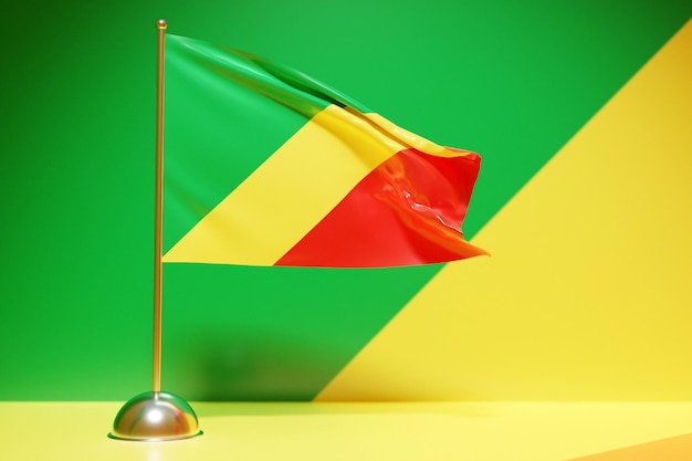 Ilustración 3D de la bandera nacional de la República del Congo en un asta de bandera de metal ondeando. Símbolo de país.