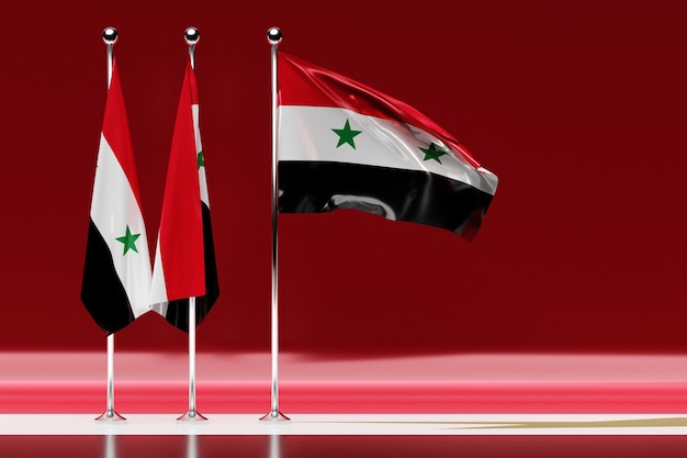 Ilustración 3D de la bandera nacional de Siria en un asta de bandera de metal ondeando. Símbolo de país.