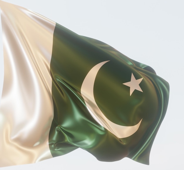 Ilustración 3d de la bandera de pakistán en tela ondulada brillante sobre fondo azul claro