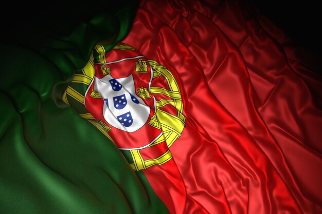 Ilustración 3d de la bandera portuguesa en tela ondulada en un ambiente oscuro