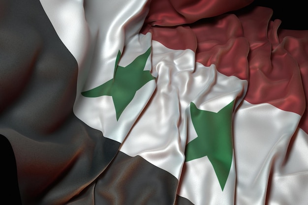 Ilustración 3d de la bandera de siria en tela ondulada aislada en negro