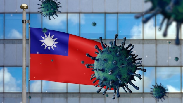 Ilustración 3D bandera taiwanesa ondeando en la moderna ciudad de rascacielos con brote de coronavirus. Hermosa torre alta y virus de la influenza Covid 19 con pancarta nacional de Taiwán