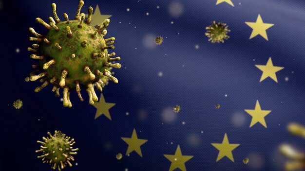 Ilustración 3D bandera de la Unión Europea ondeando con brote de coronavirus que infecta el sistema respiratorio como gripe peligrosa. Virus Covid 19 de la influenza con pancarta nacional de Europa en segundo plano