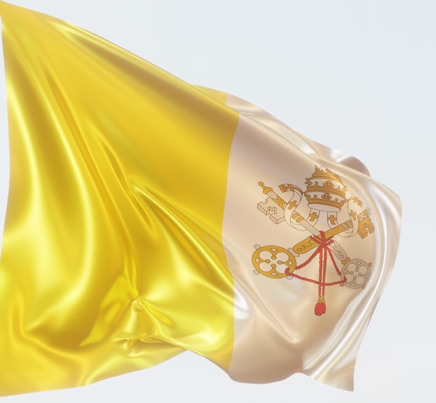 Ilustración 3d de la bandera del vaticano en tela brillante ondulada aislada en azul claro