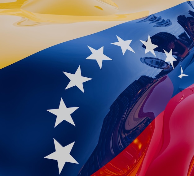 Ilustración en 3D de la bandera de Venezuela en una tela ondulada brillante con desenfoque