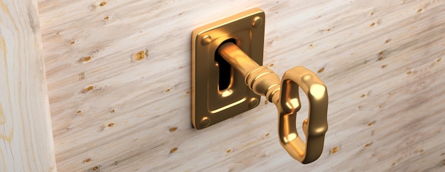 Foto ilustración 3d de banner de fondo de puerta de madera con llave dorada y ojo de cerradura