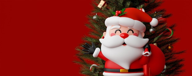 Ilustración 3D Banner de Navidad de Santa Claus con árbol de Navidad