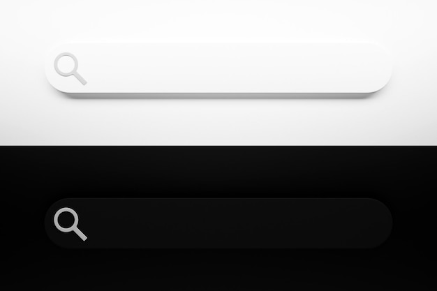 Ilustración 3D de la barra de búsqueda Búsqueda en el panel de interfaz de usuario del sitio web de Internet Box con tema oscuro y claro y botón de búsqueda en línea