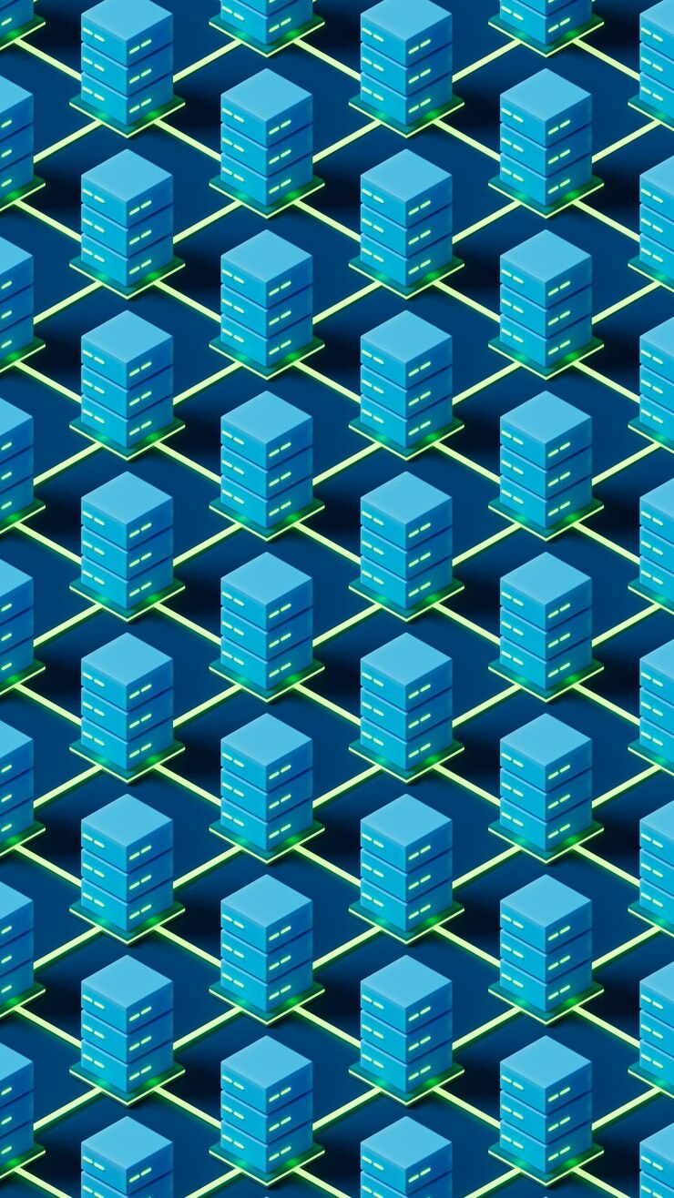 Foto ilustración 3d de la base de datos conectada a una gran red en representación 3d de escenario azul