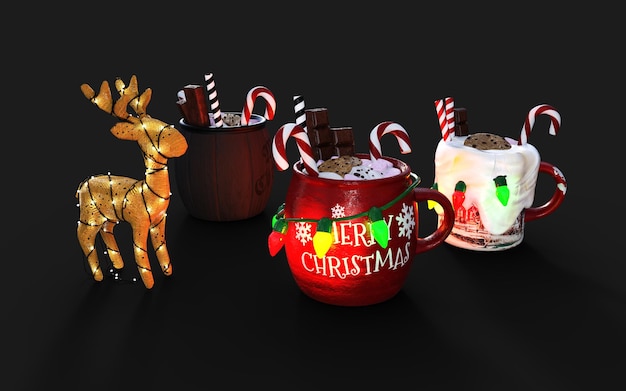 Ilustración 3D de bebidas navideñas, bebidas, cócteles, jarra roja y vidrio, chocolate o cacao.